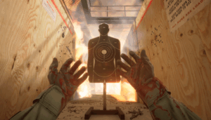 First-person perspective of a video game showing a target board, with two hands visible in the foreground as if holding a controller or aiming.