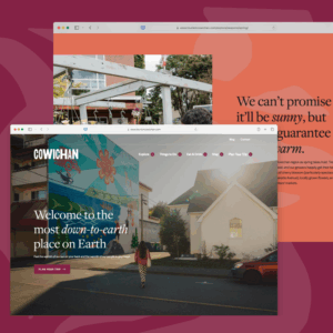 Two screens of a website application displayed against a pink background.
